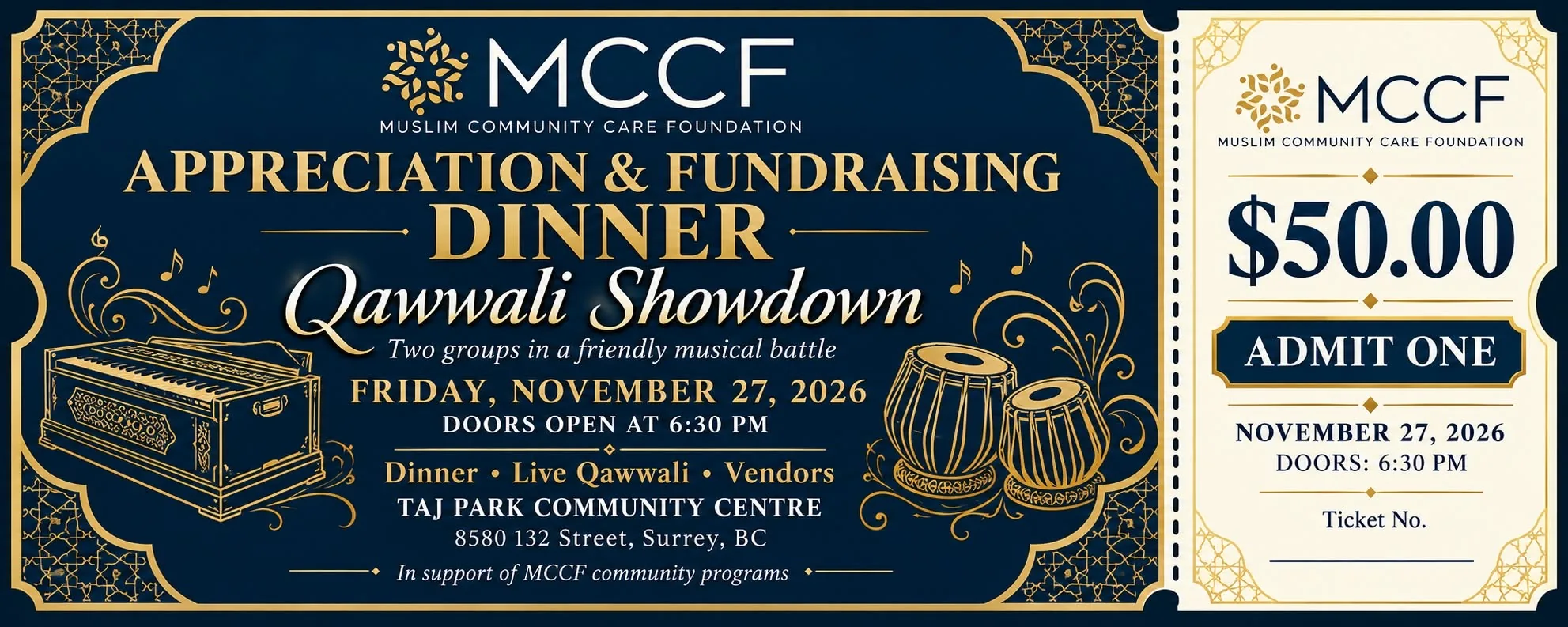 MCCF Appreciation and Fundraising Dinner poster for the Qawwali Showdown on Friday, November 27, 2026 at Taj Park Community Centre. Admit one ticket is $50, doors open at 6:30 p.m.